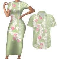 Leaf Green Hawaii Anthurium Plumeria Lei Couples Matching Short Sleeve Bodycon Dress and Hawaiian Shirt
