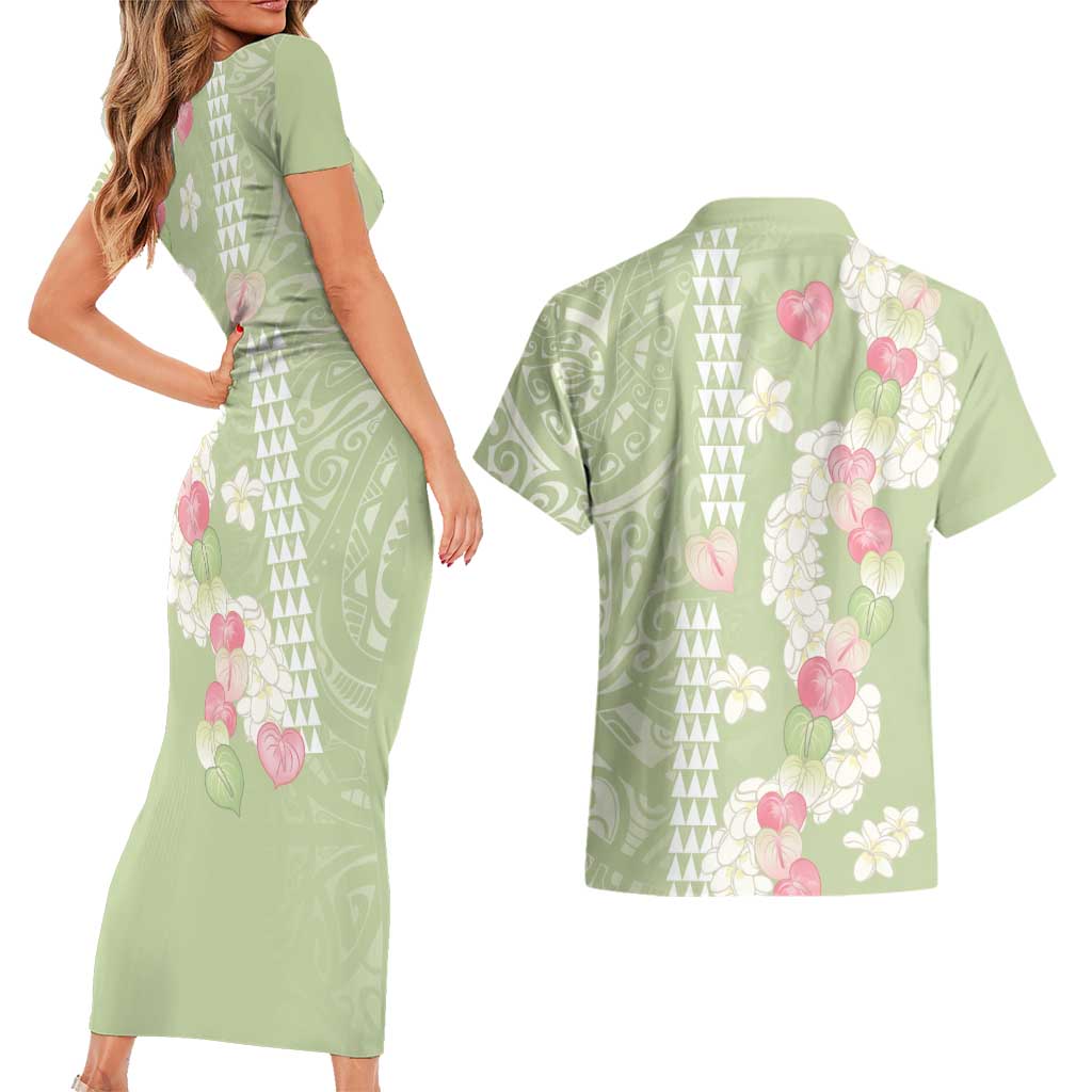 Leaf Green Hawaii Anthurium Plumeria Lei Couples Matching Short Sleeve Bodycon Dress and Hawaiian Shirt