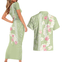Leaf Green Hawaii Anthurium Plumeria Lei Couples Matching Short Sleeve Bodycon Dress and Hawaiian Shirt
