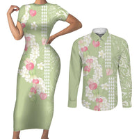 Leaf Green Hawaii Anthurium Plumeria Lei Couples Matching Short Sleeve Bodycon Dress and Long Sleeve Button Shirt