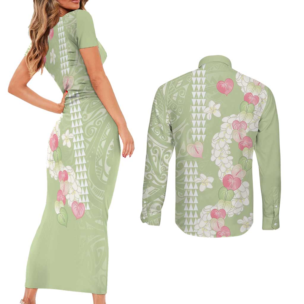 Leaf Green Hawaii Anthurium Plumeria Lei Couples Matching Short Sleeve Bodycon Dress and Long Sleeve Button Shirt
