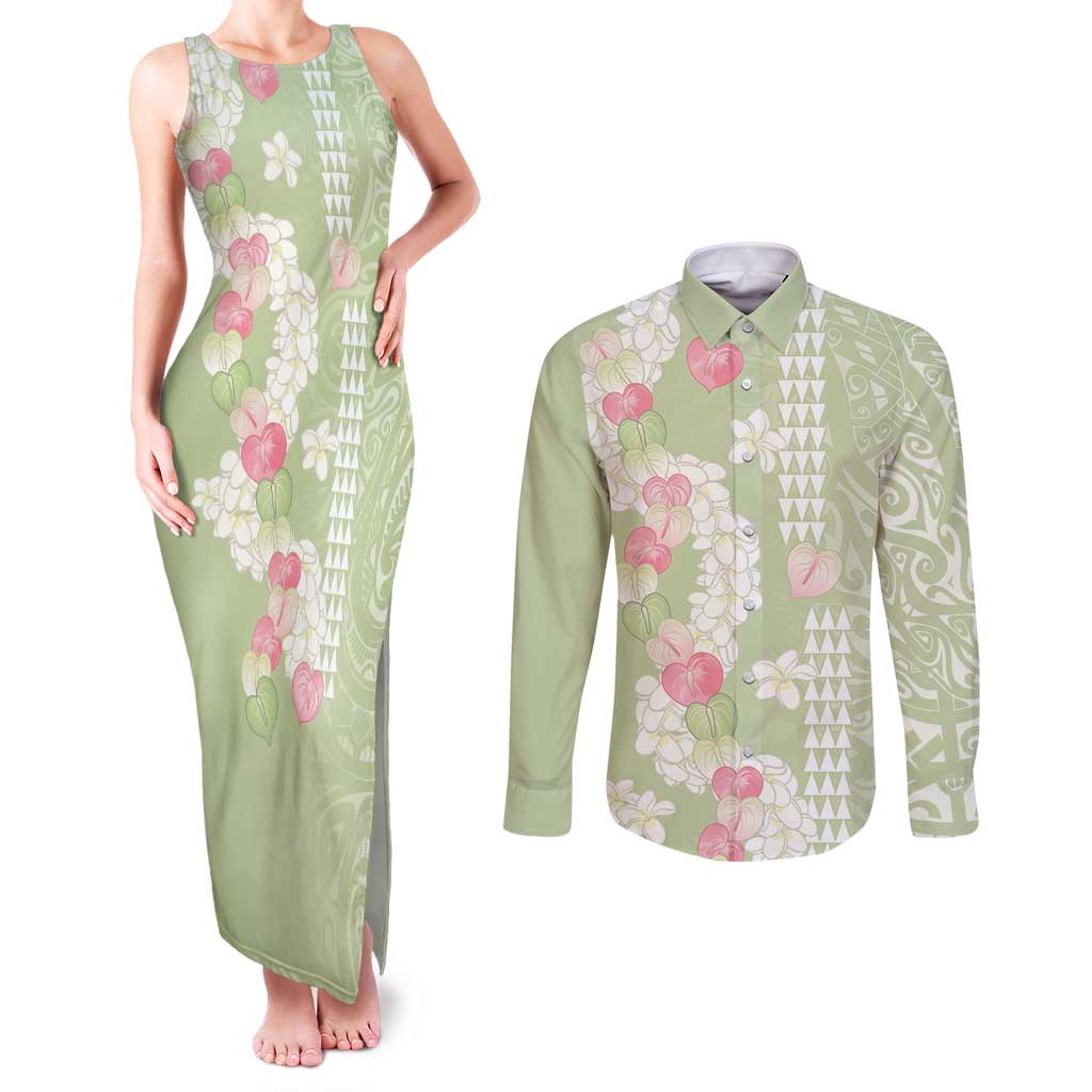 Leaf Green Hawaii Anthurium Plumeria Lei Couples Matching Tank Maxi Dress and Long Sleeve Button Shirt