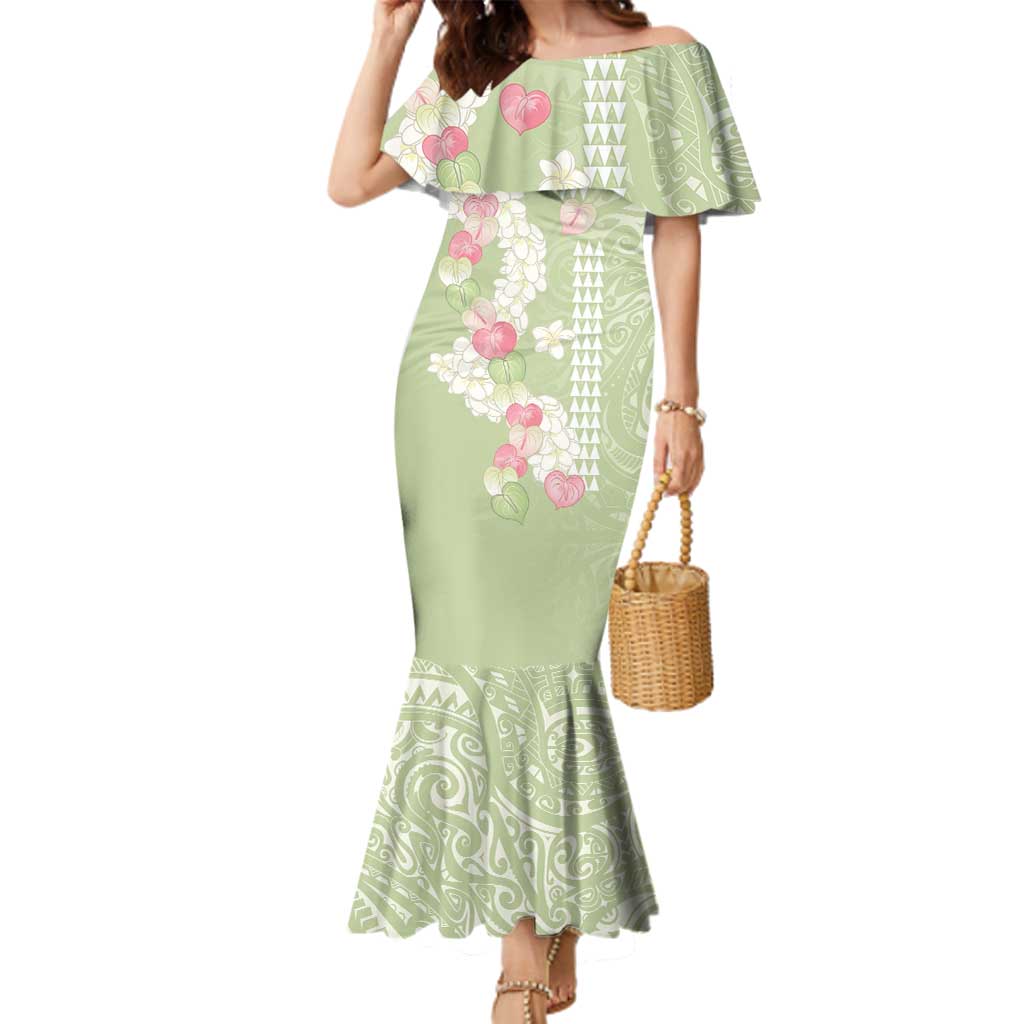 Leaf Green Hawaii Anthurium Plumeria Lei Family Matching Mermaid Dress and Hawaiian Shirt LT9 Mom's Dress Green - Polynesian Pride