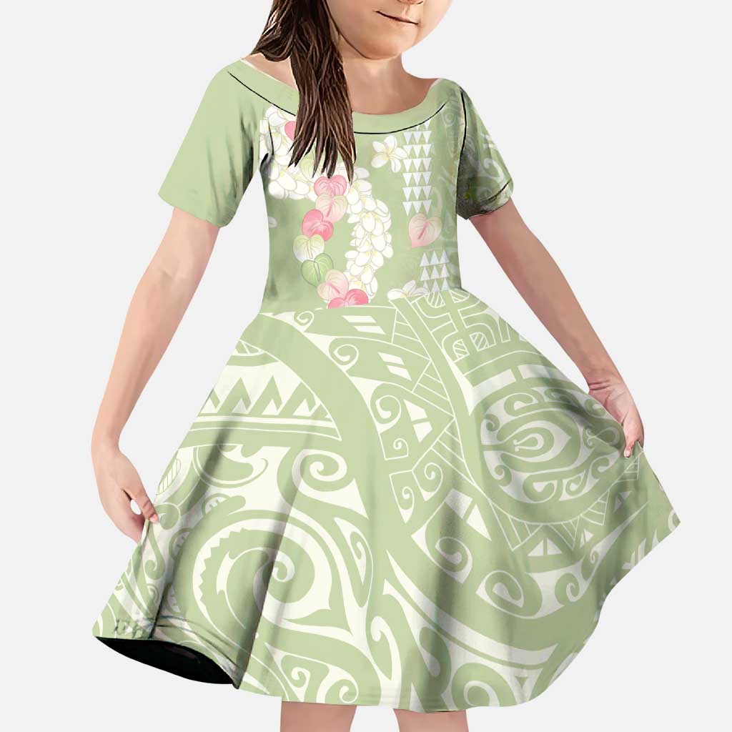 Leaf Green Hawaii Anthurium Plumeria Lei Family Matching Off The Shoulder Long Sleeve Dress and Hawaiian Shirt LT9 Daughter's Dress Green - Polynesian Pride