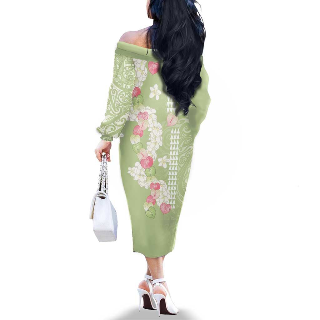 Leaf Green Hawaii Anthurium Plumeria Lei Family Matching Off The Shoulder Long Sleeve Dress and Hawaiian Shirt LT9 - Polynesian Pride
