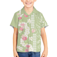 Leaf Green Hawaii Anthurium Plumeria Lei Family Matching Off Shoulder Maxi Dress and Hawaiian Shirt LT9 Son's Shirt Green - Polynesian Pride