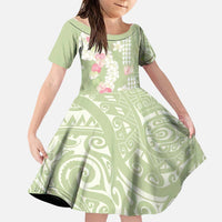 Leaf Green Hawaii Anthurium Plumeria Lei Family Matching Off Shoulder Short Dress and Hawaiian Shirt LT9 Daughter's Dress Green - Polynesian Pride