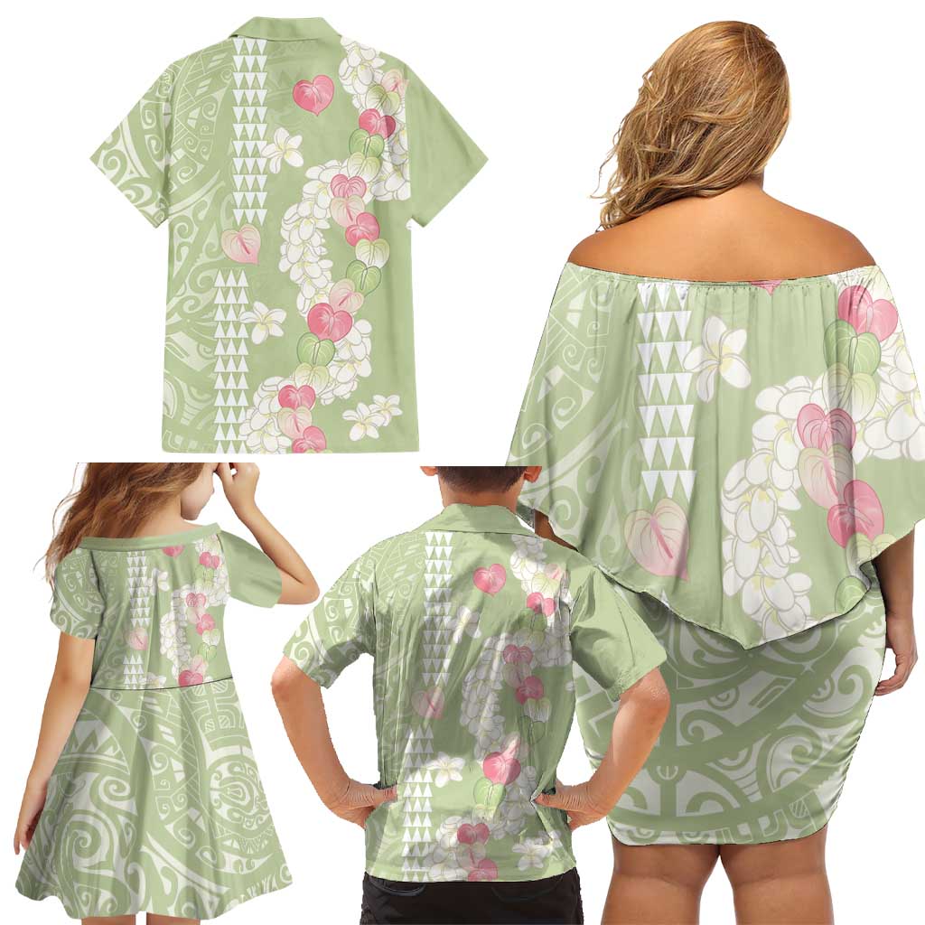 Leaf Green Hawaii Anthurium Plumeria Lei Family Matching Off Shoulder Short Dress and Hawaiian Shirt LT9 - Polynesian Pride