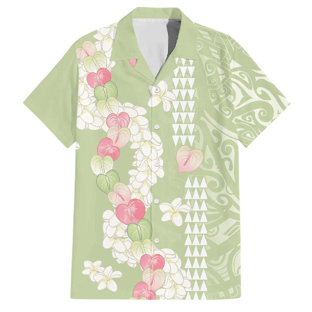 Leaf Green Hawaii Anthurium Plumeria Lei Family Matching Off Shoulder Short Dress and Hawaiian Shirt LT9 Dad's Shirt - Short Sleeve Green - Polynesian Pride