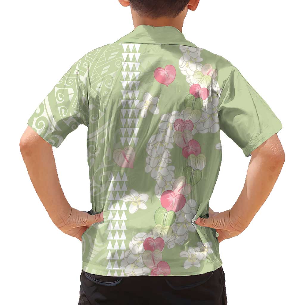 Leaf Green Hawaii Anthurium Plumeria Lei Family Matching Puletasi and Hawaiian Shirt