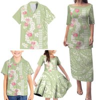 Leaf Green Hawaii Anthurium Plumeria Lei Family Matching Puletasi and Hawaiian Shirt