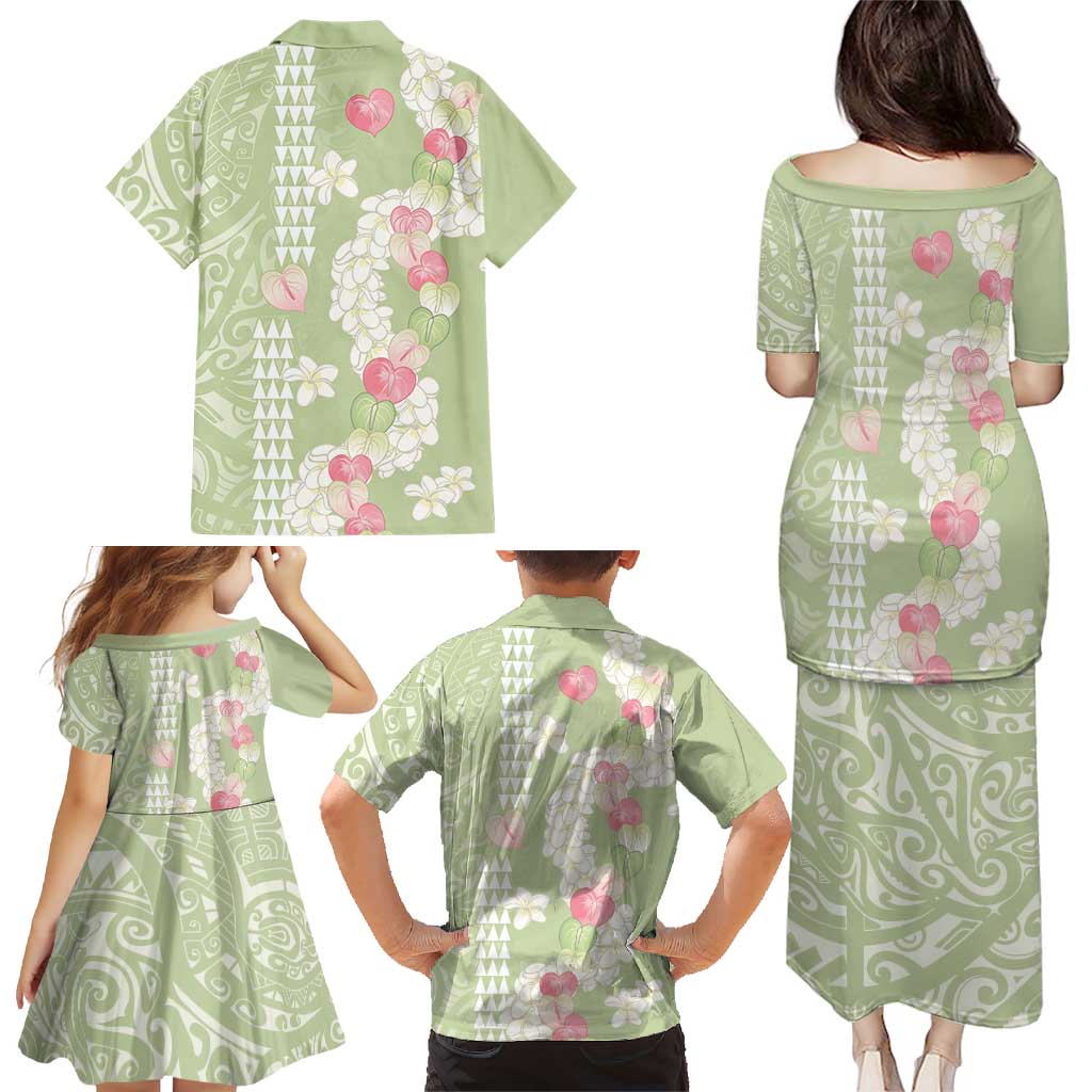 Leaf Green Hawaii Anthurium Plumeria Lei Family Matching Puletasi and Hawaiian Shirt