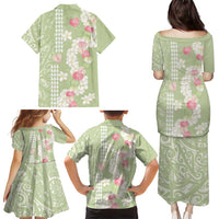 Leaf Green Hawaii Anthurium Plumeria Lei Family Matching Puletasi and Hawaiian Shirt