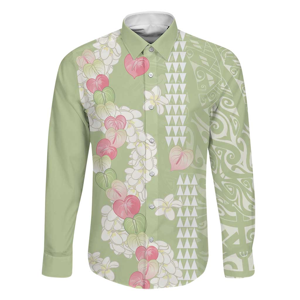 Leaf Green Hawaii Anthurium Plumeria Lei Family Matching Puletasi and Hawaiian Shirt