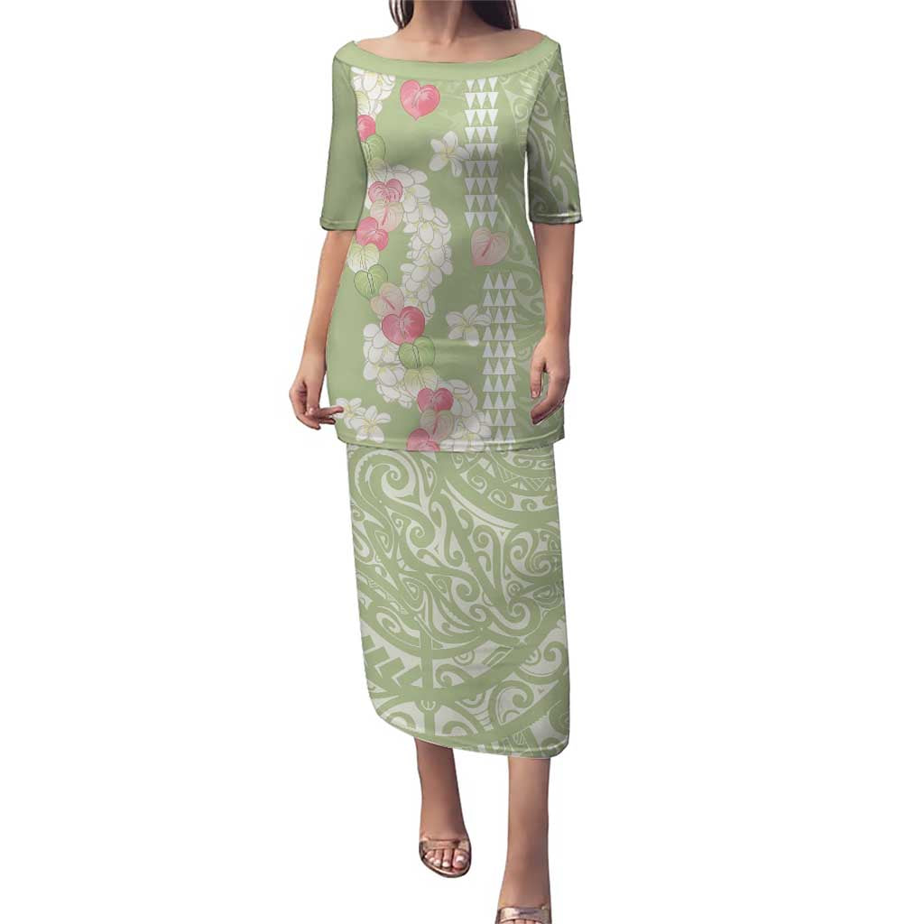 Leaf Green Hawaii Anthurium Plumeria Lei Family Matching Puletasi and Hawaiian Shirt