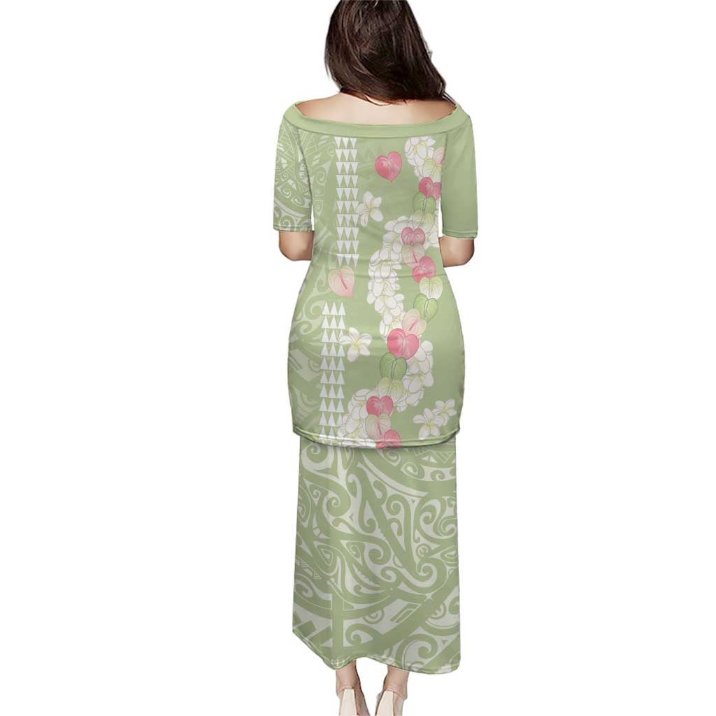 Leaf Green Hawaii Anthurium Plumeria Lei Family Matching Puletasi and Hawaiian Shirt