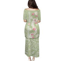 Leaf Green Hawaii Anthurium Plumeria Lei Family Matching Puletasi and Hawaiian Shirt
