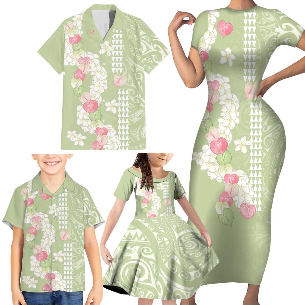 Leaf Green Hawaii Anthurium Plumeria Lei Family Matching Short Sleeve Bodycon Dress and Hawaiian Shirt