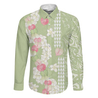 Leaf Green Hawaii Anthurium Plumeria Lei Family Matching Summer Maxi Dress and Hawaiian Shirt LT9 Dad's Shirt - Long Sleeve Green - Polynesian Pride