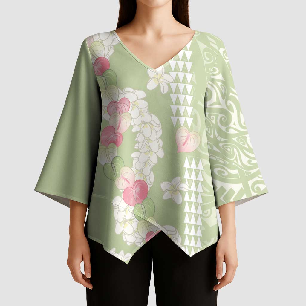 Leaf Green Hawaii Anthurium Plumeria Lei Kimono Sleeve Blouse