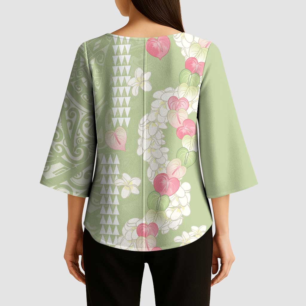 Leaf Green Hawaii Anthurium Plumeria Lei Kimono Sleeve Blouse