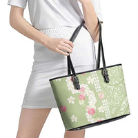 Leaf Green Hawaii Anthurium Plumeria Lei Leather Tote Bag