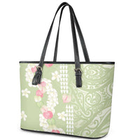 Leaf Green Hawaii Anthurium Plumeria Lei Leather Tote Bag