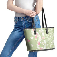 Leaf Green Hawaii Anthurium Plumeria Lei Leather Tote Bag