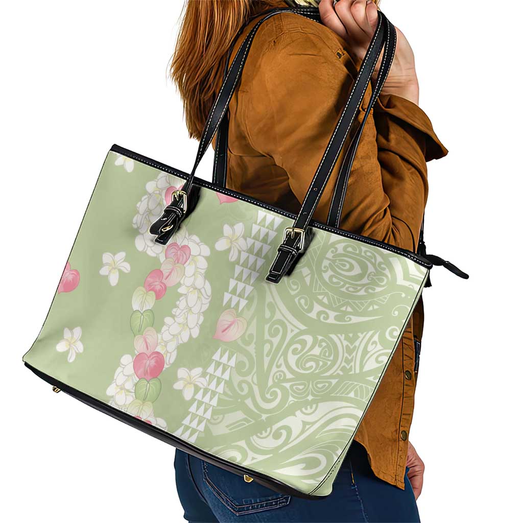 Leaf Green Hawaii Anthurium Plumeria Lei Leather Tote Bag