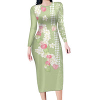 Leaf Green Hawaii Anthurium Plumeria Lei Long Sleeve Bodycon Dress