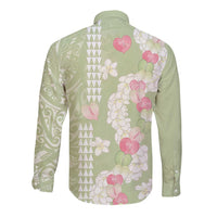 Leaf Green Hawaii Anthurium Plumeria Lei Long Sleeve Button Shirt