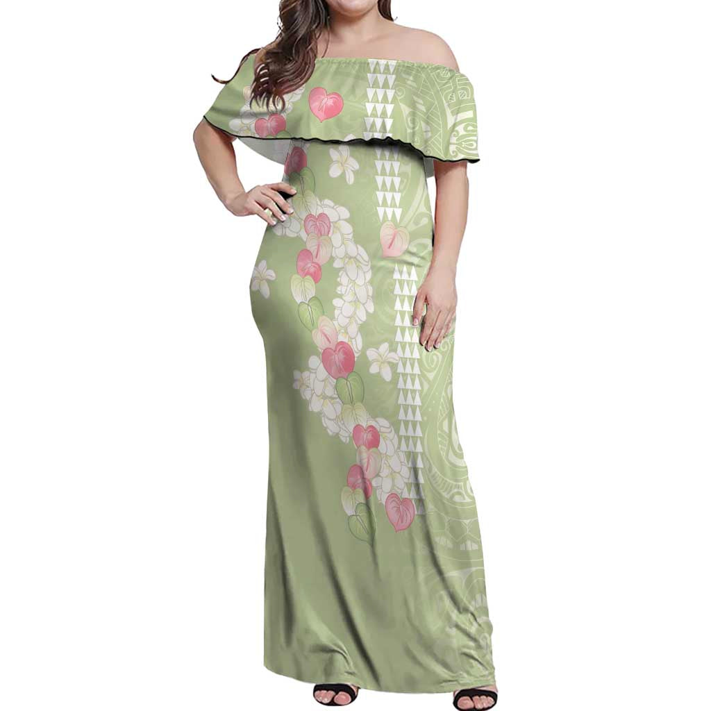 Leaf Green Hawaii Anthurium Plumeria Lei Off Shoulder Maxi Dress