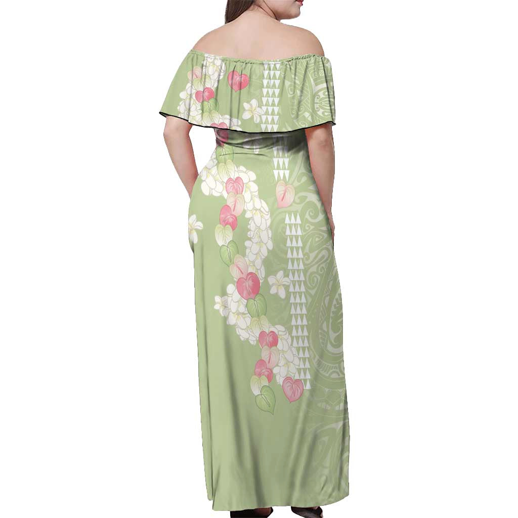 Leaf Green Hawaii Anthurium Plumeria Lei Off Shoulder Maxi Dress