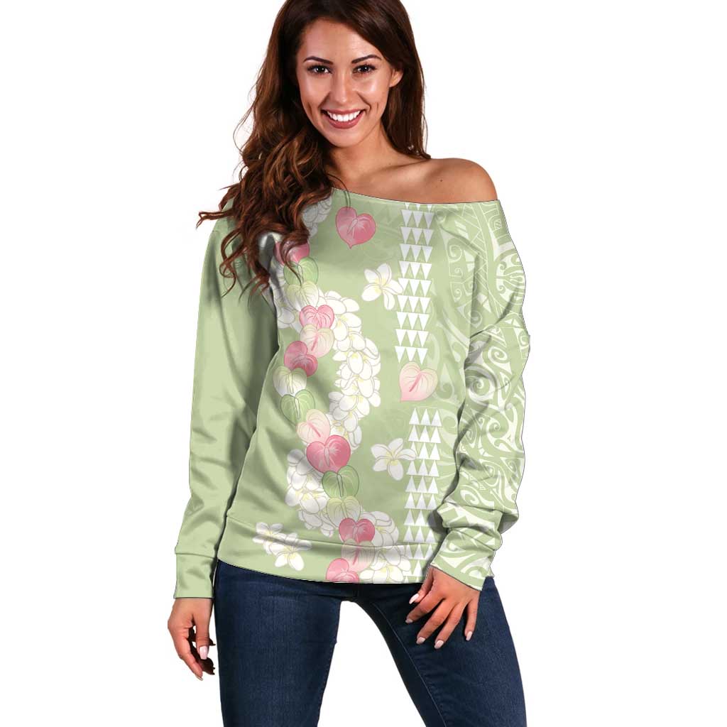 Leaf Green Hawaii Anthurium Plumeria Lei Off Shoulder Sweater