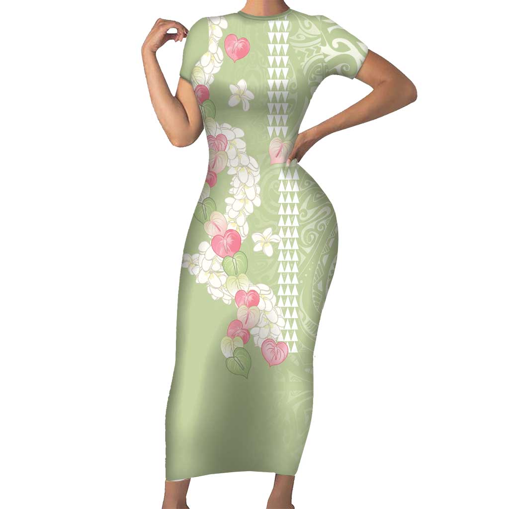 Leaf Green Hawaii Anthurium Plumeria Lei Short Sleeve Bodycon Dress