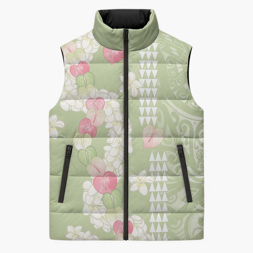 Leaf Green Hawaii Anthurium Plumeria Lei Sleeveless Puffer Jacket