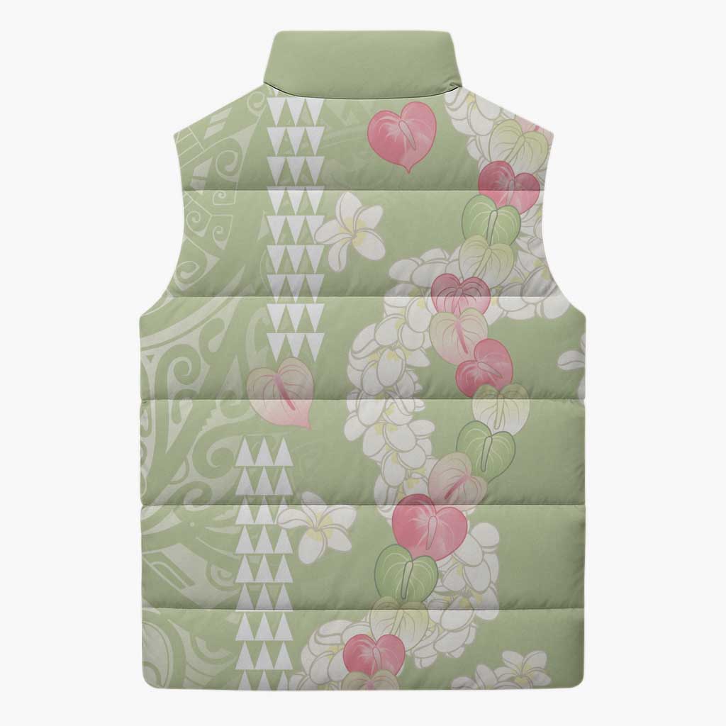 Leaf Green Hawaii Anthurium Plumeria Lei Sleeveless Puffer Jacket