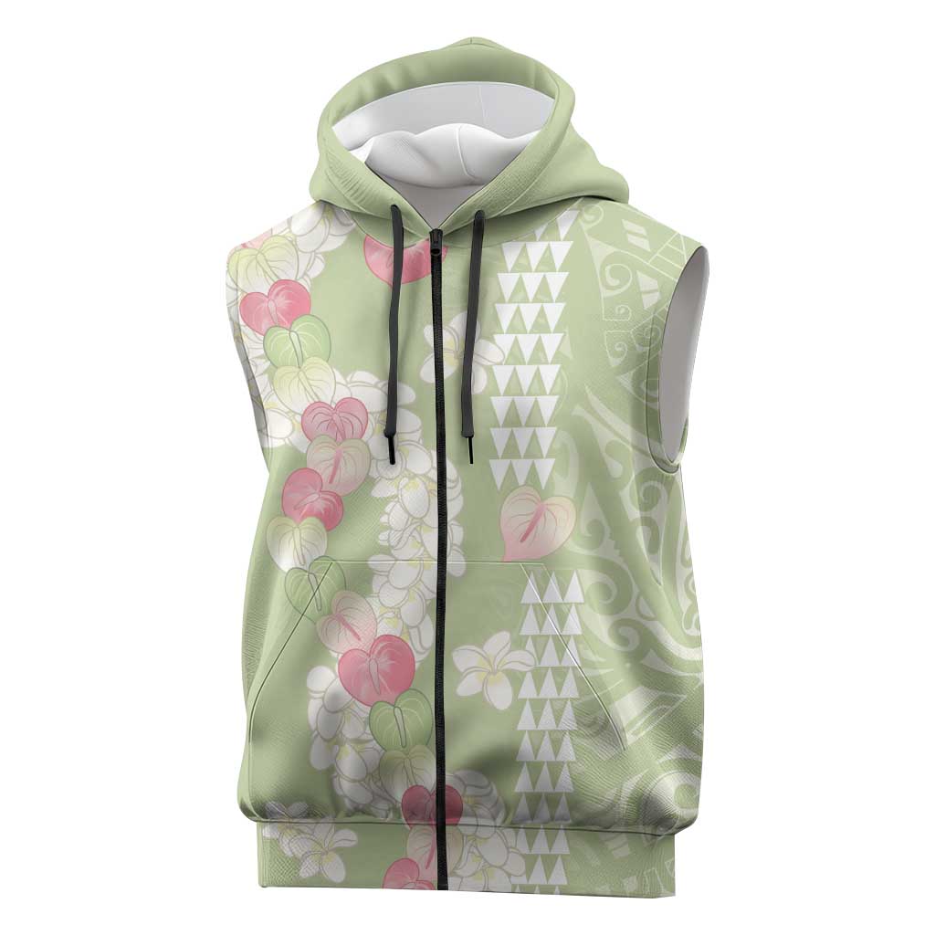 Leaf Green Hawaii Anthurium Plumeria Lei Sleeveless Zip Hoodie