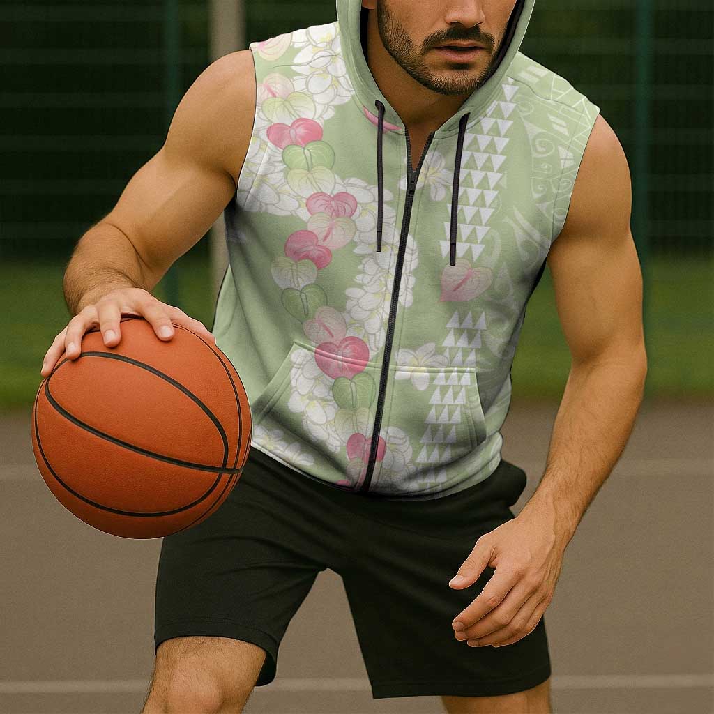 Leaf Green Hawaii Anthurium Plumeria Lei Sleeveless Zip Hoodie
