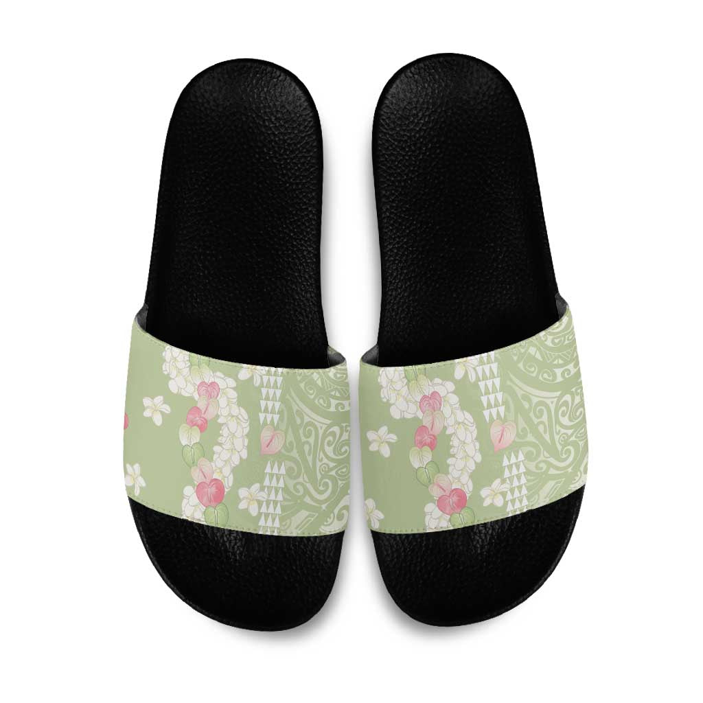 Leaf Green Hawaii Anthurium Plumeria Lei Slide Sandals
