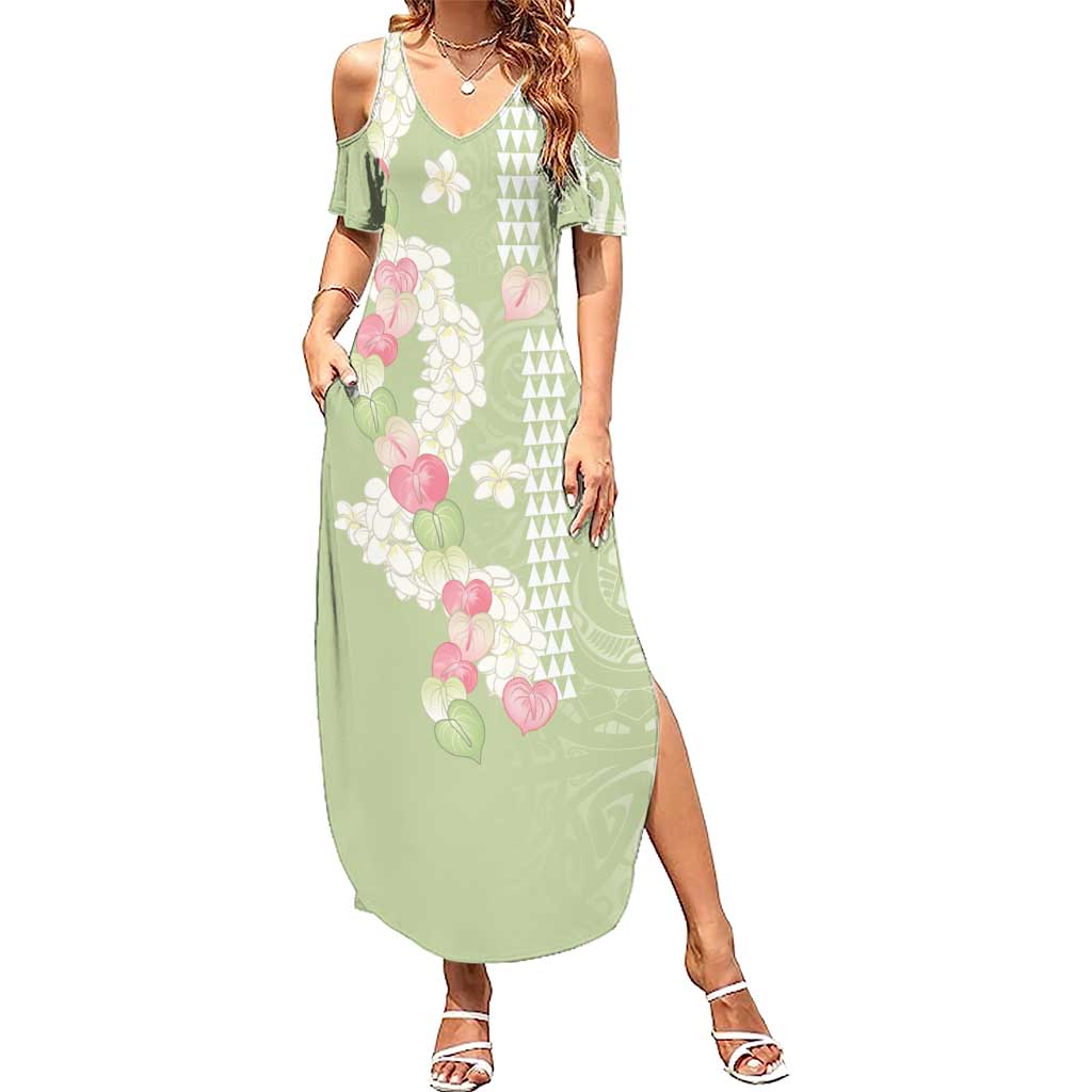 Leaf Green Hawaii Anthurium Plumeria Lei Summer Maxi Dress