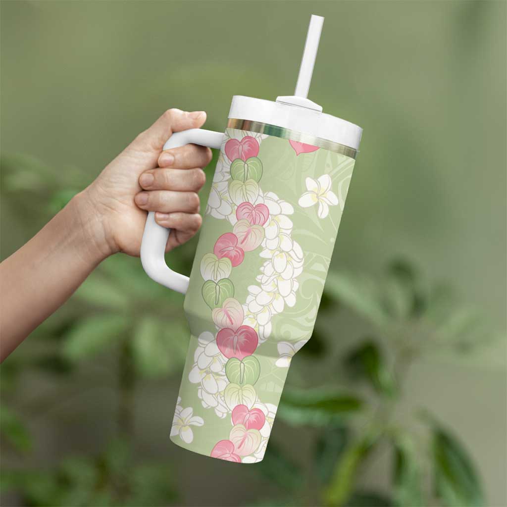 Leaf Green Hawaii Anthurium Plumeria Lei Tumbler With Handle