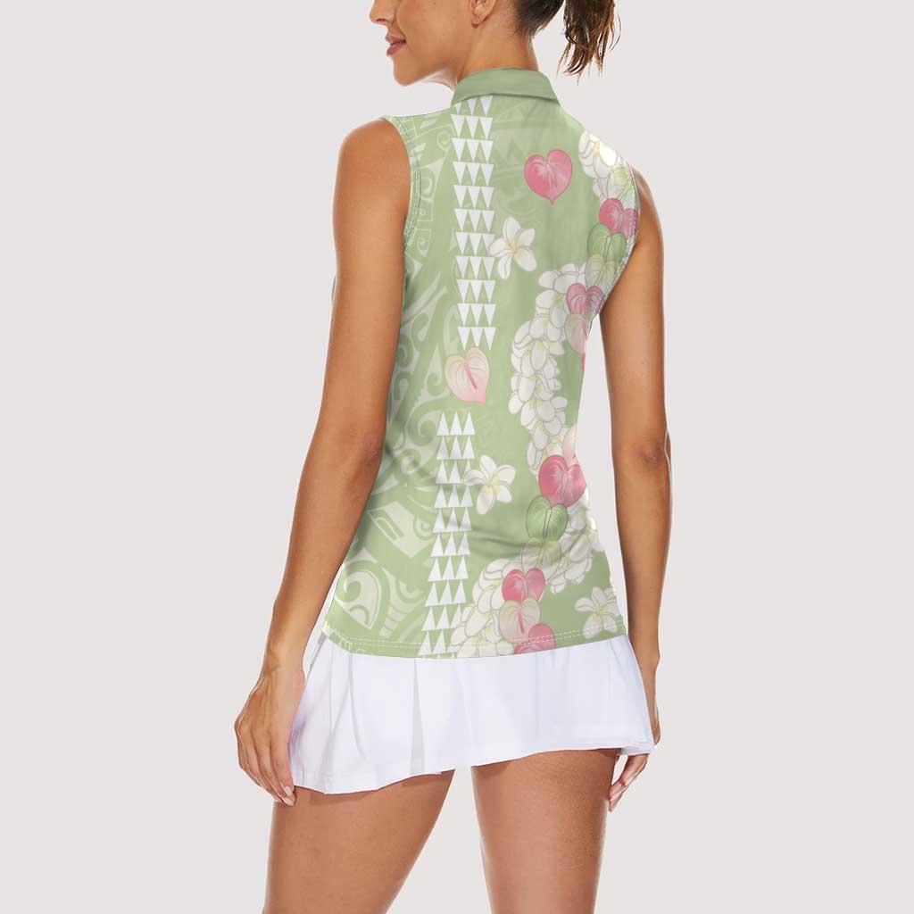 Leaf Green Hawaii Anthurium Plumeria Lei Women Sleeveless Polo Shirt