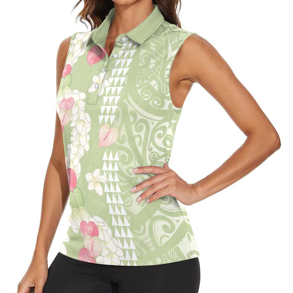 Leaf Green Hawaii Anthurium Plumeria Lei Women Sleeveless Polo Shirt