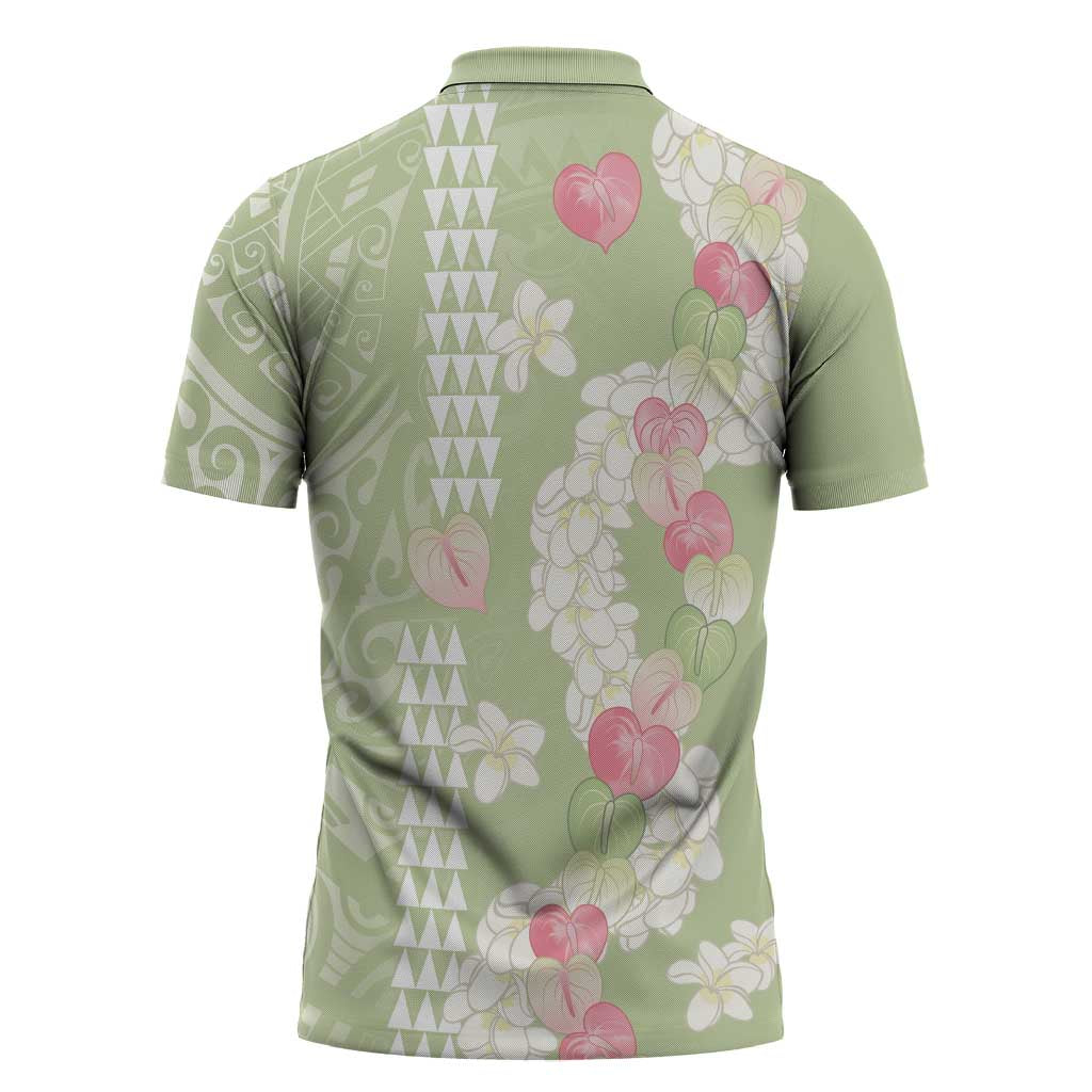 Leaf Green Hawaii Anthurium Plumeria Lei Zipper Polo Shirt