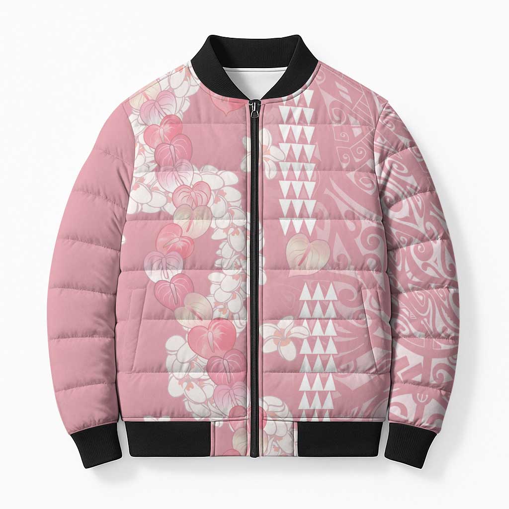 Soft Pink Hawaii Anthurium Plumeria Lei Bomber Puffer Jacket