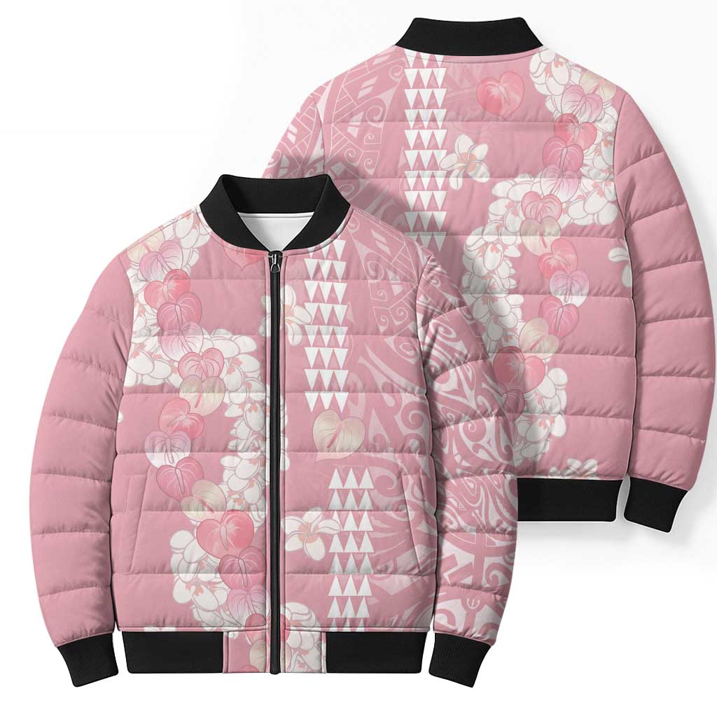 Soft Pink Hawaii Anthurium Plumeria Lei Bomber Puffer Jacket