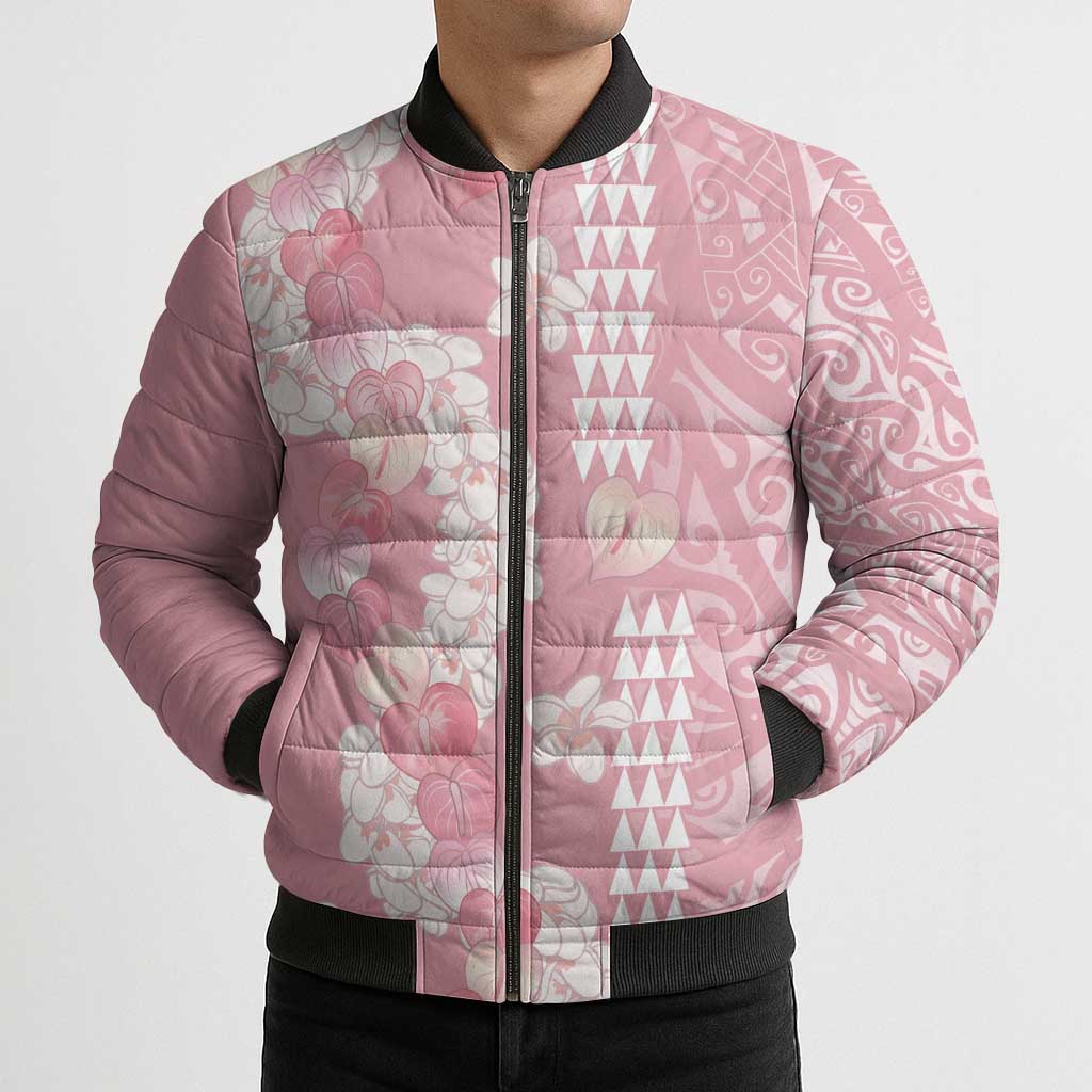 Soft Pink Hawaii Anthurium Plumeria Lei Bomber Puffer Jacket