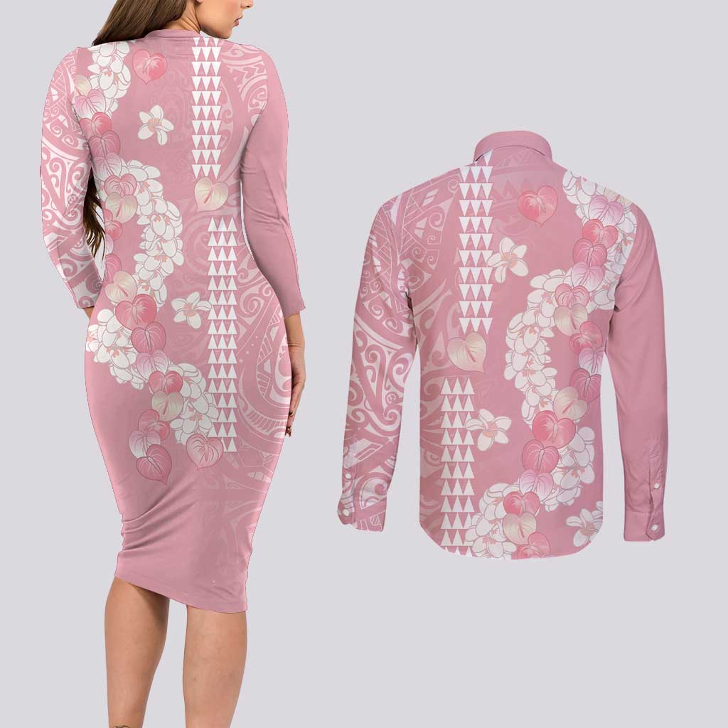 Soft Pink Hawaii Anthurium Plumeria Lei Couples Matching Long Sleeve Bodycon Dress and Long Sleeve Button Shirt
