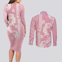 Soft Pink Hawaii Anthurium Plumeria Lei Couples Matching Long Sleeve Bodycon Dress and Long Sleeve Button Shirt